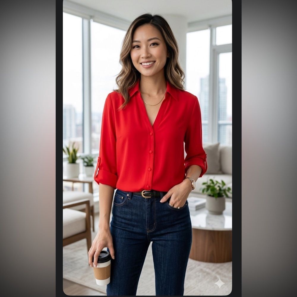 Express Slim Red Portofino button front tab sleeve blouse size small.
